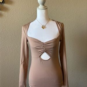 Astr Beige Ruched Cut-Out Bodysuit